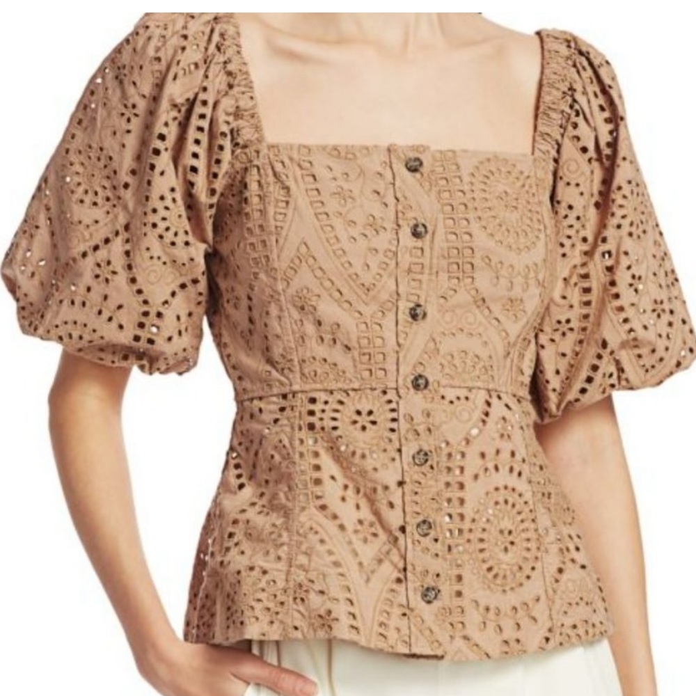 Ganni eyelet puff sleeve button down, size 6/8- size 40
